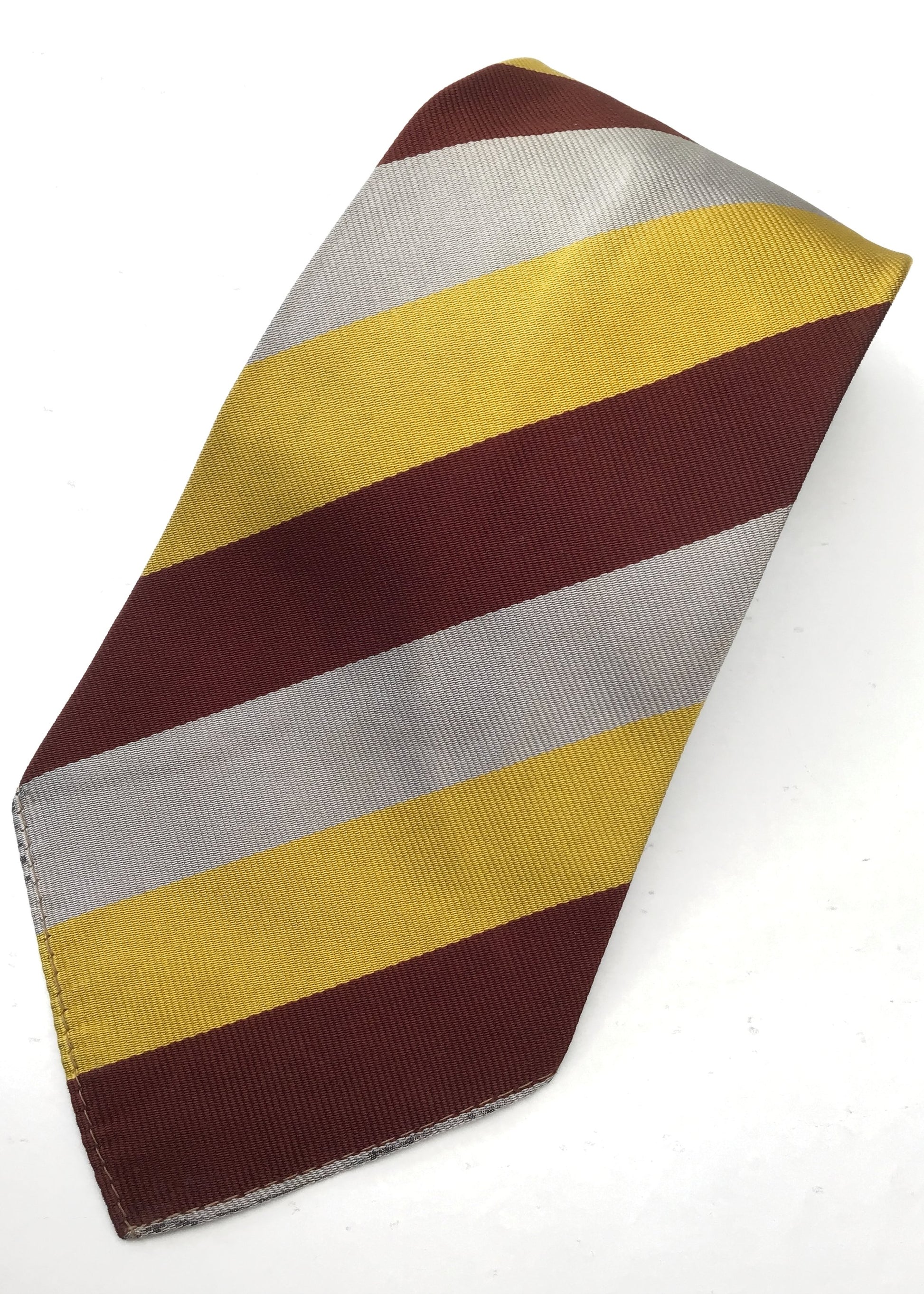 vintage TM Lewin's of Jermyn St, London school boy tie in burgundy, yellow and grey striped silk.