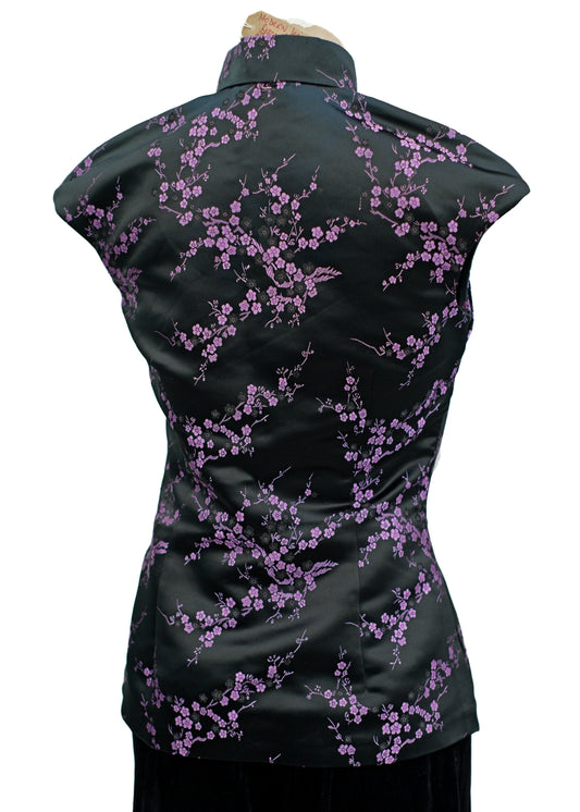 Black Lilac Satin Brocade Cheongsam Sleeveless Blouse Top • Jesireé