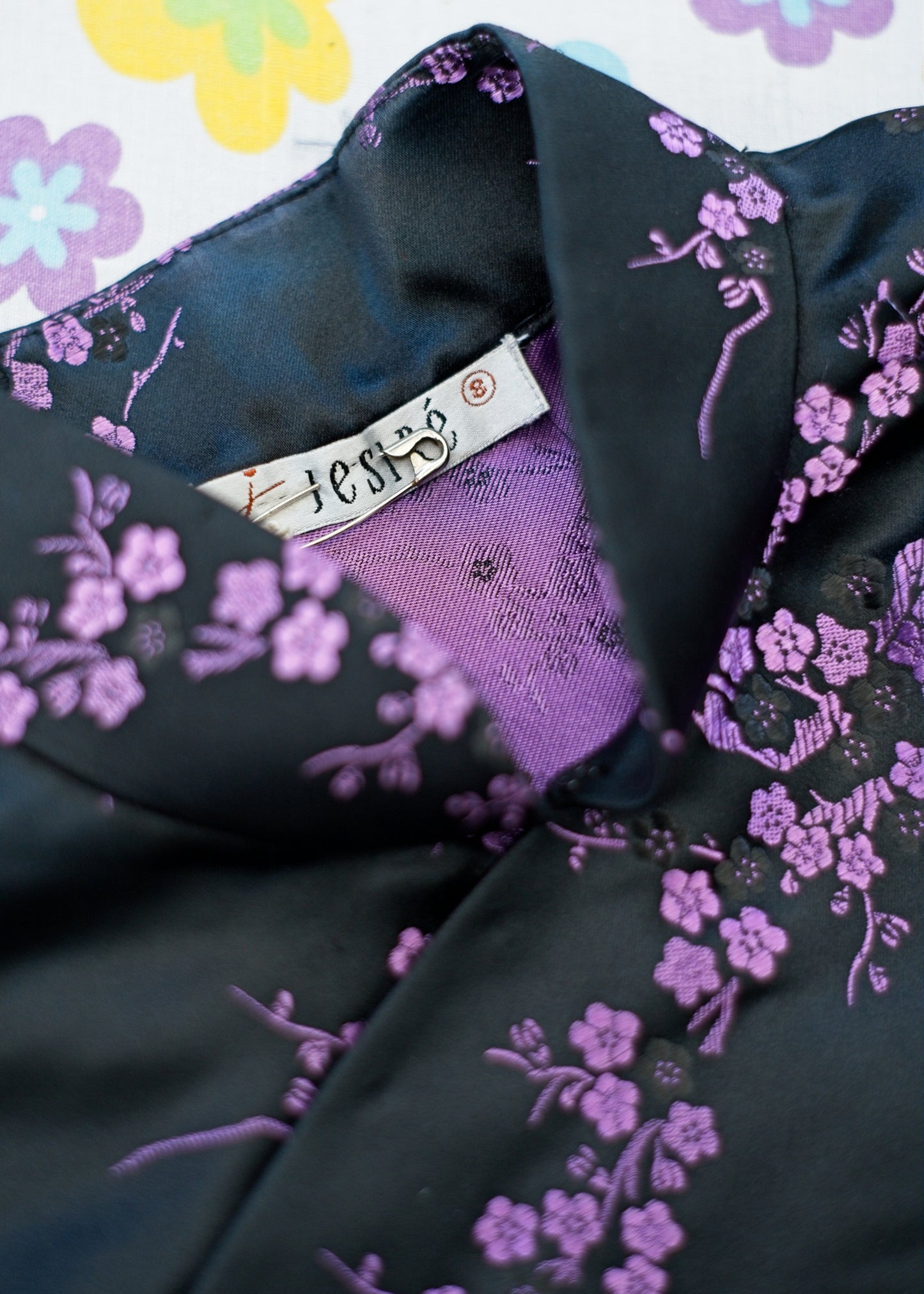 Black Lilac Satin Brocade Cheongsam Sleeveless Blouse Top • Jesireé
