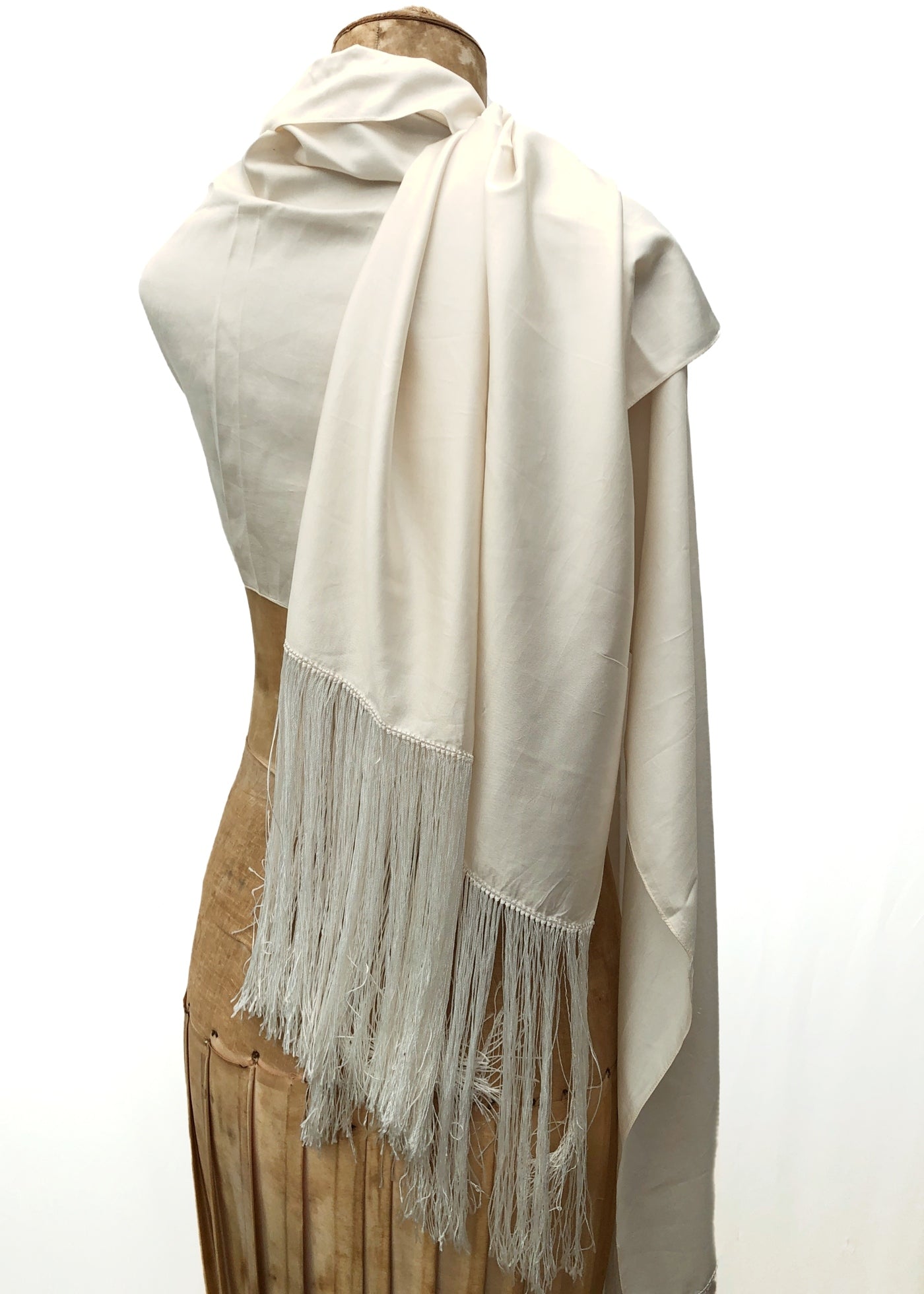 Vintage Long Cream Silk Evening Shawl Scarf • Fringed