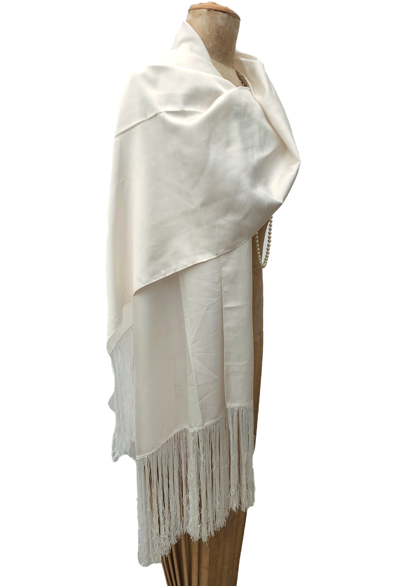 Vintage Long Cream Silk Evening Shawl Scarf • Fringed