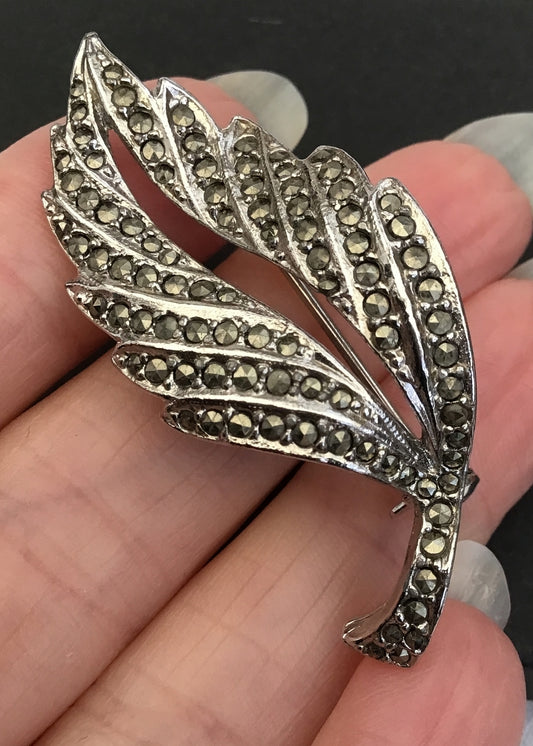 Vintage Sphinx Marcasite Leaf Brooch Pin