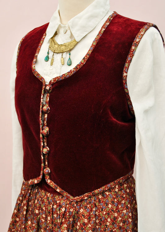 Vintage 70s Burgundy Ditsy Floral Skirt and Vest Set • Marion Donaldson