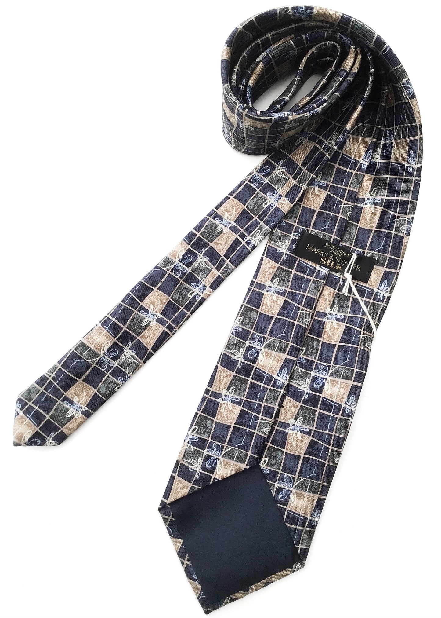 Vintage Blue and Beige Patten Silk Tie • Marks & Spencer