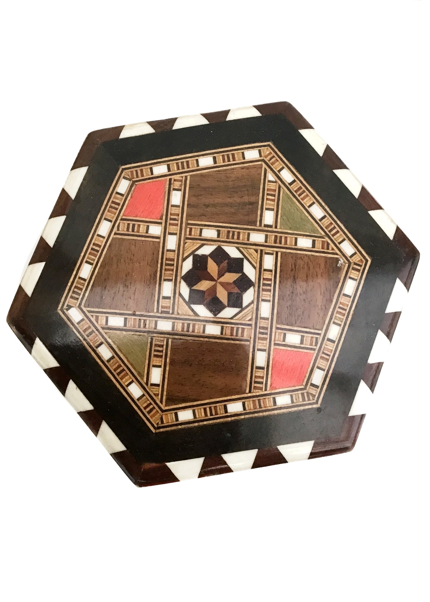 Hexagonal Spanish Marquetry Trinket Round Box with Mirror