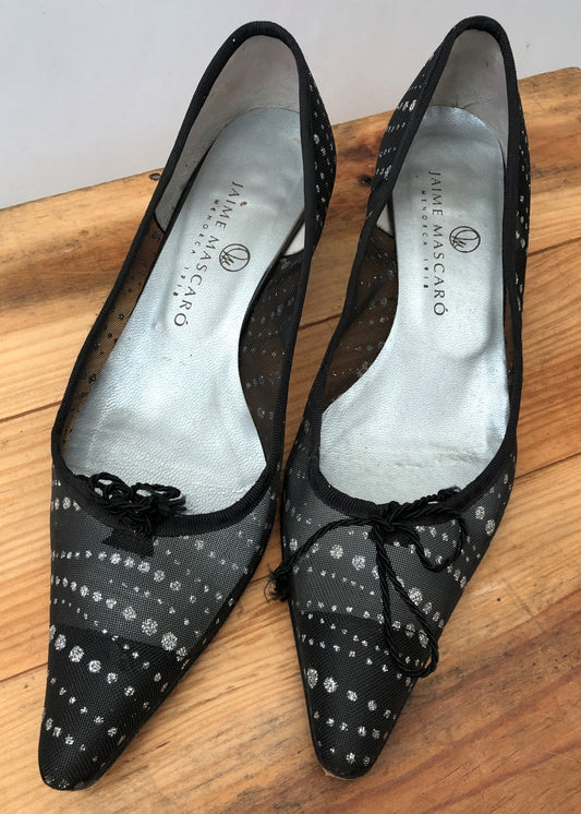 Jaime Mascaró Black Mesh Kitten Heel Pumps Silver Polka Dots • Size 37