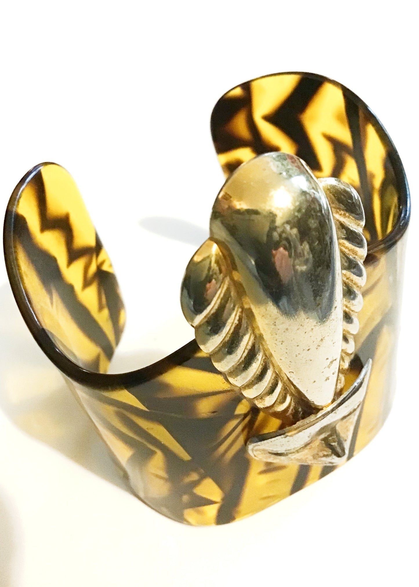 Amazing Faux Tortie Lucite Cuff Bangle Bracelet with Brass Masquerade Face
