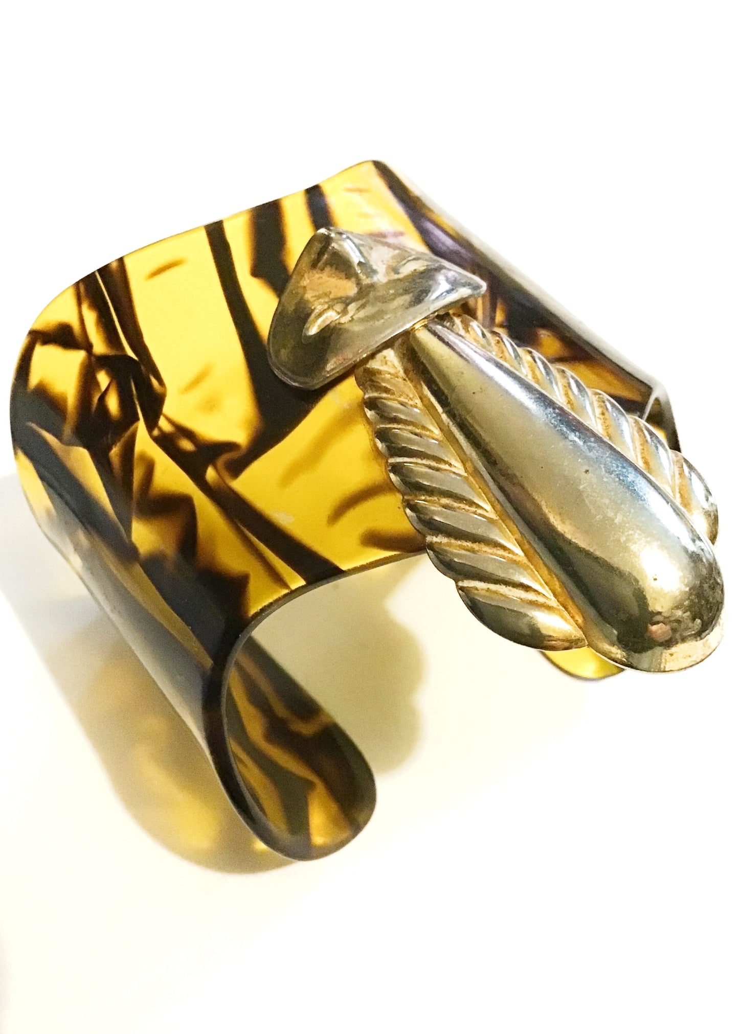 Amazing Faux Tortie Lucite Cuff Bangle Bracelet with Brass Masquerade Face