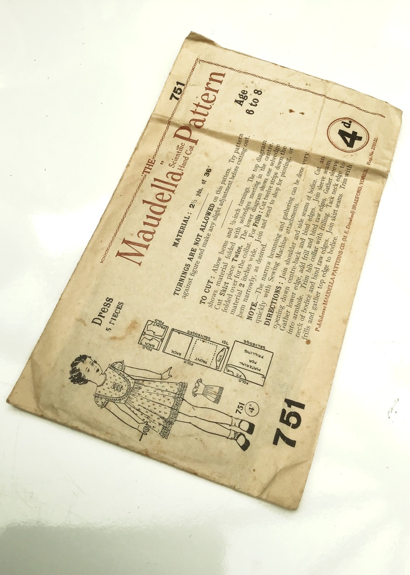 1930s Vintage Maudella #751 Dressmaking Pattern • Girl's Dress Age 4-6