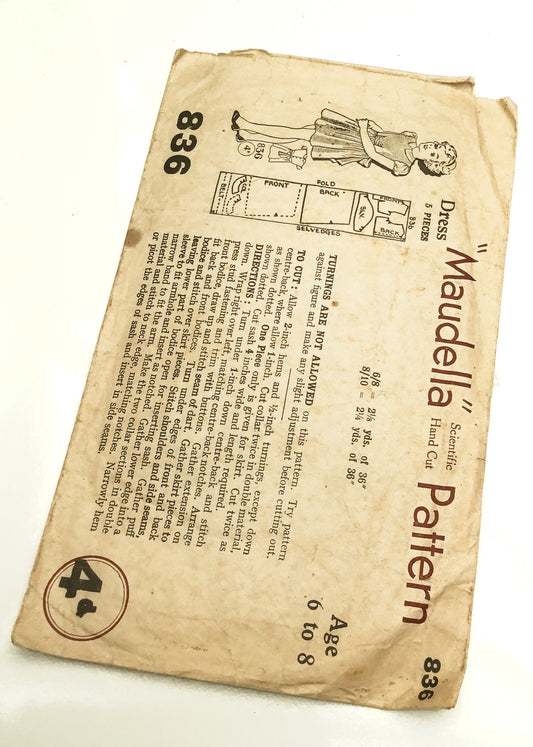 1930s Vintage Maudella #836 Dressmaking Pattern • Girl's Dress Age 6-8