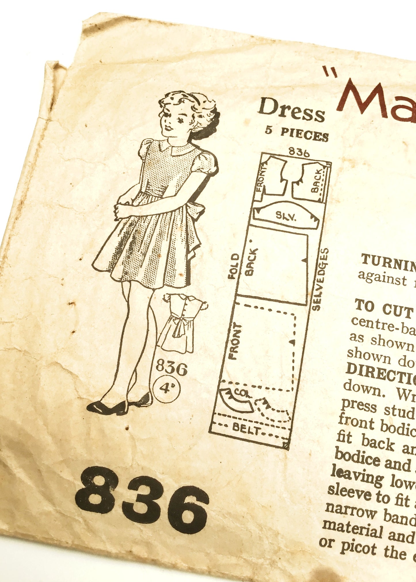 1930s Vintage Maudella #836 Dressmaking Pattern • Girl's Dress Age 6-8
