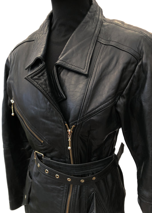 Women's Vintage 80s Longline Black Leather Biker Jacket