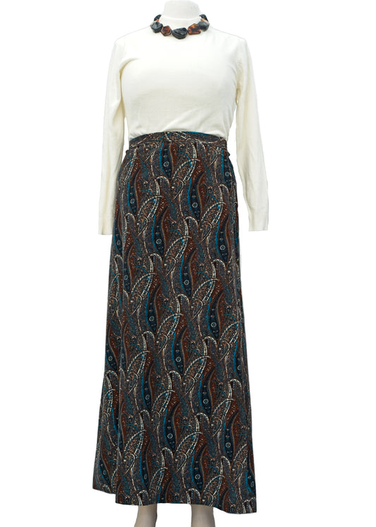 vintage 70s needle corduroy paisley maxi skirt with 32 waist