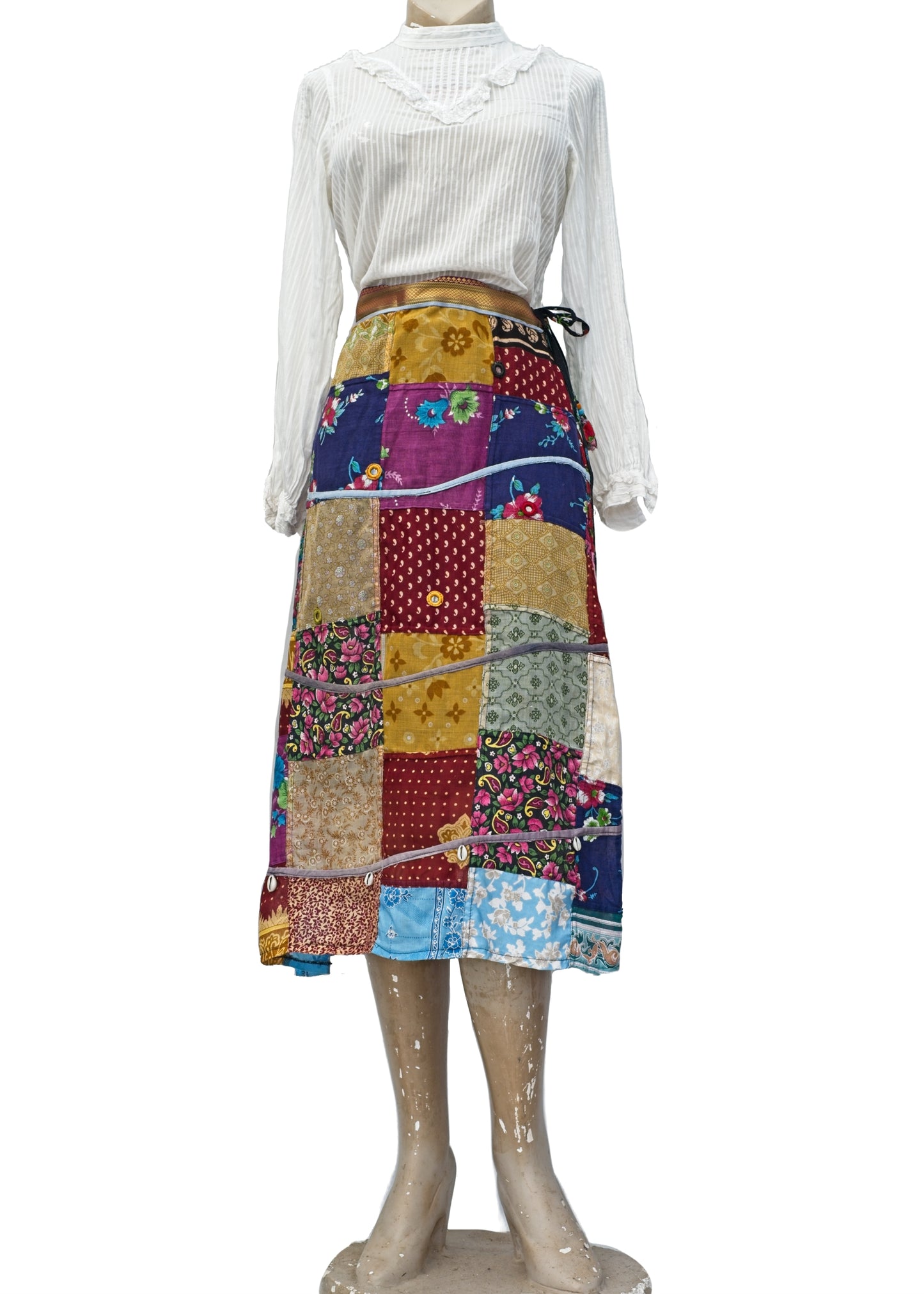 Vintage Hippie Indian Cotton Patchwork Midi Skirt • Cowrie Shells • Mirrors