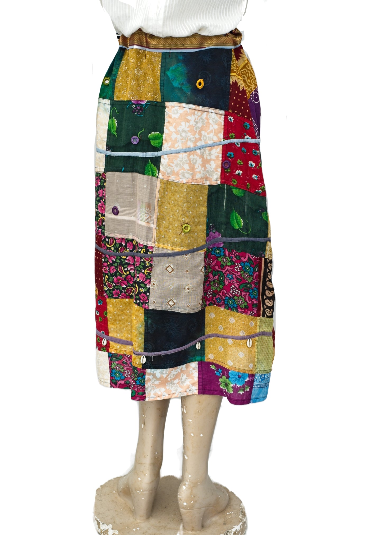 Vintage Hippie Indian Cotton Patchwork Midi Skirt • Cowrie Shells • Mirrors