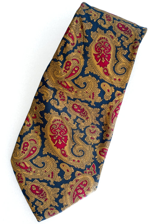 1990s Peppino Paisley Silk Tie Navy Blue Gold Necktie