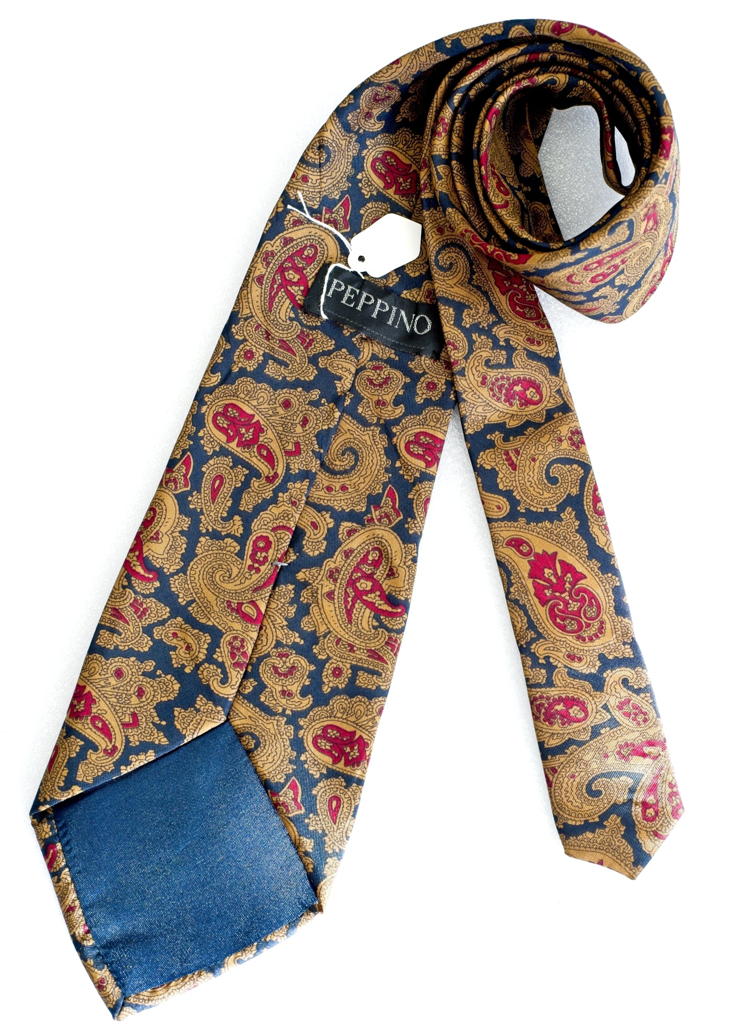 1990s Peppino Paisley Silk Tie Navy Blue Gold Necktie