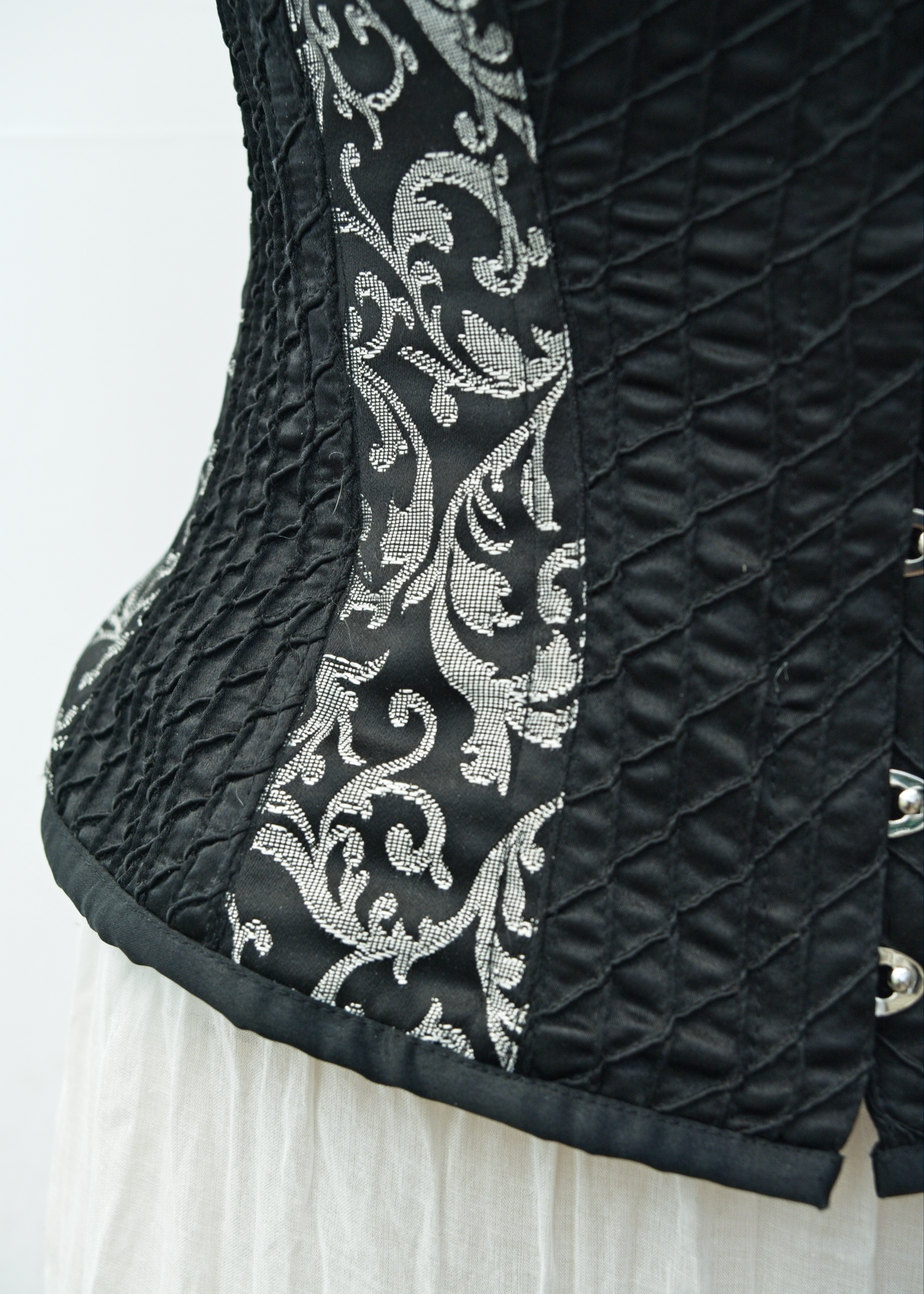 Y2K Boned Corset • Black + Silver Brocade • Back Lace Closure