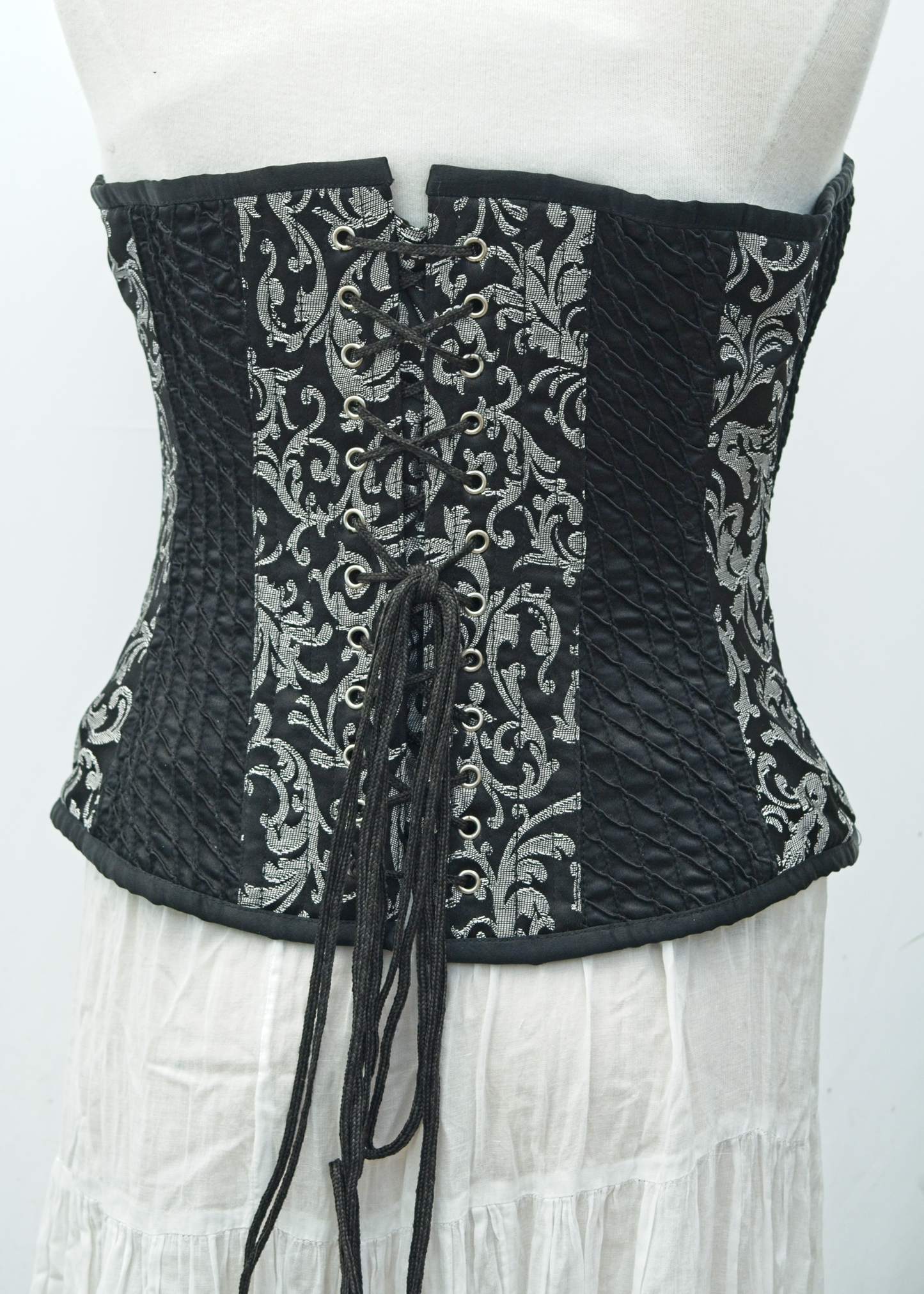 Y2K Boned Corset • Black + Silver Brocade • Back Lace Closure