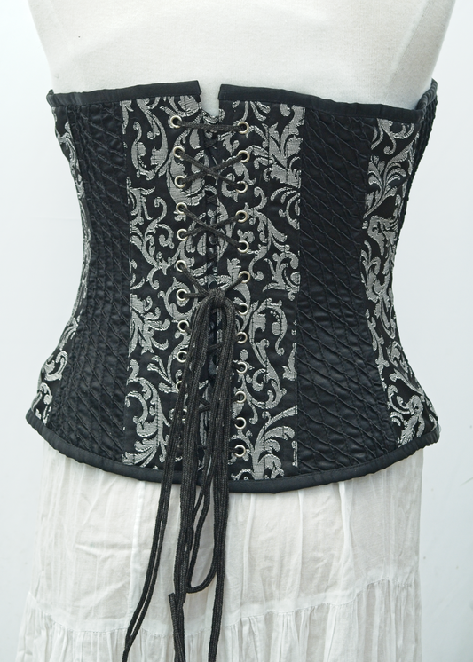 Y2K Boned Corset • Black + Silver Brocade • Back Lace  Closure
