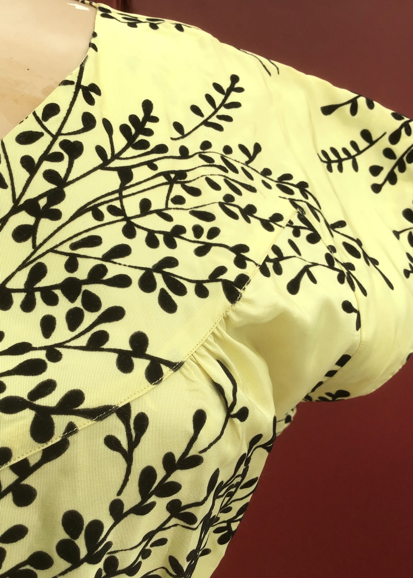 Vintage 1950s Primrose Yellow Black Flocked Cocktail Dress