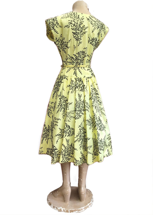 Vintage 1950s Primrose Yellow Black Flocked Cocktail Dress