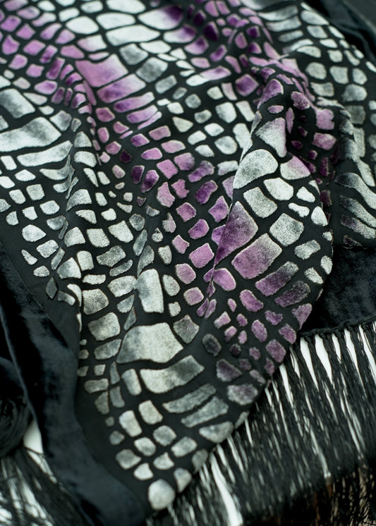 Vintage Black Purple Silk Velvet Burnout Shawl Scarf