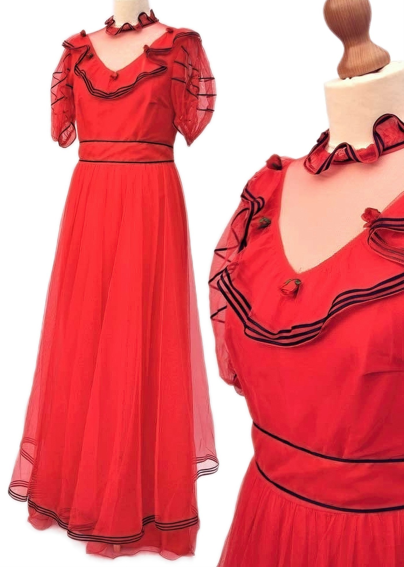 1980s Vintage Red Evening Prom Dress • Ball Gown