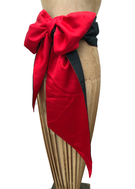 Vintage Long Red and Black Silk Dupioni Evening Shawl Scarf • Sash