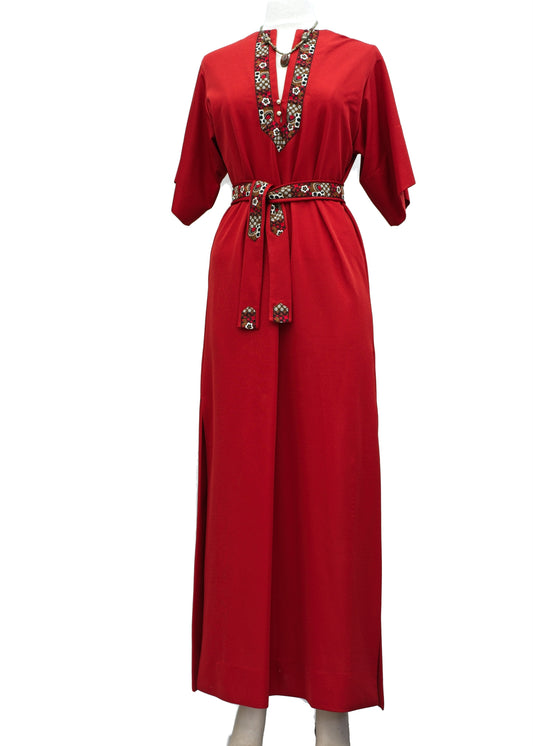 red handmade vintage 70s kaftan maxi dress with brocade belt