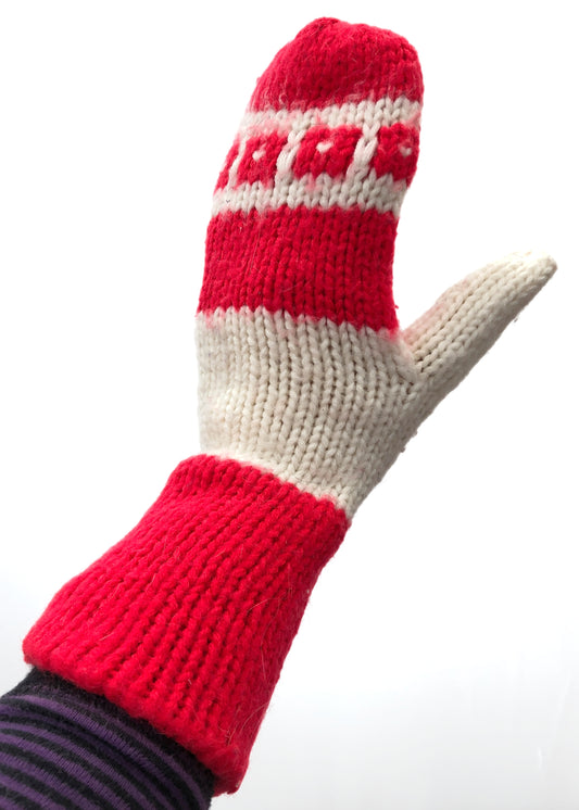 Vintage 60s Red & White Winter Knit Mittens Gloves • Hand Knitted