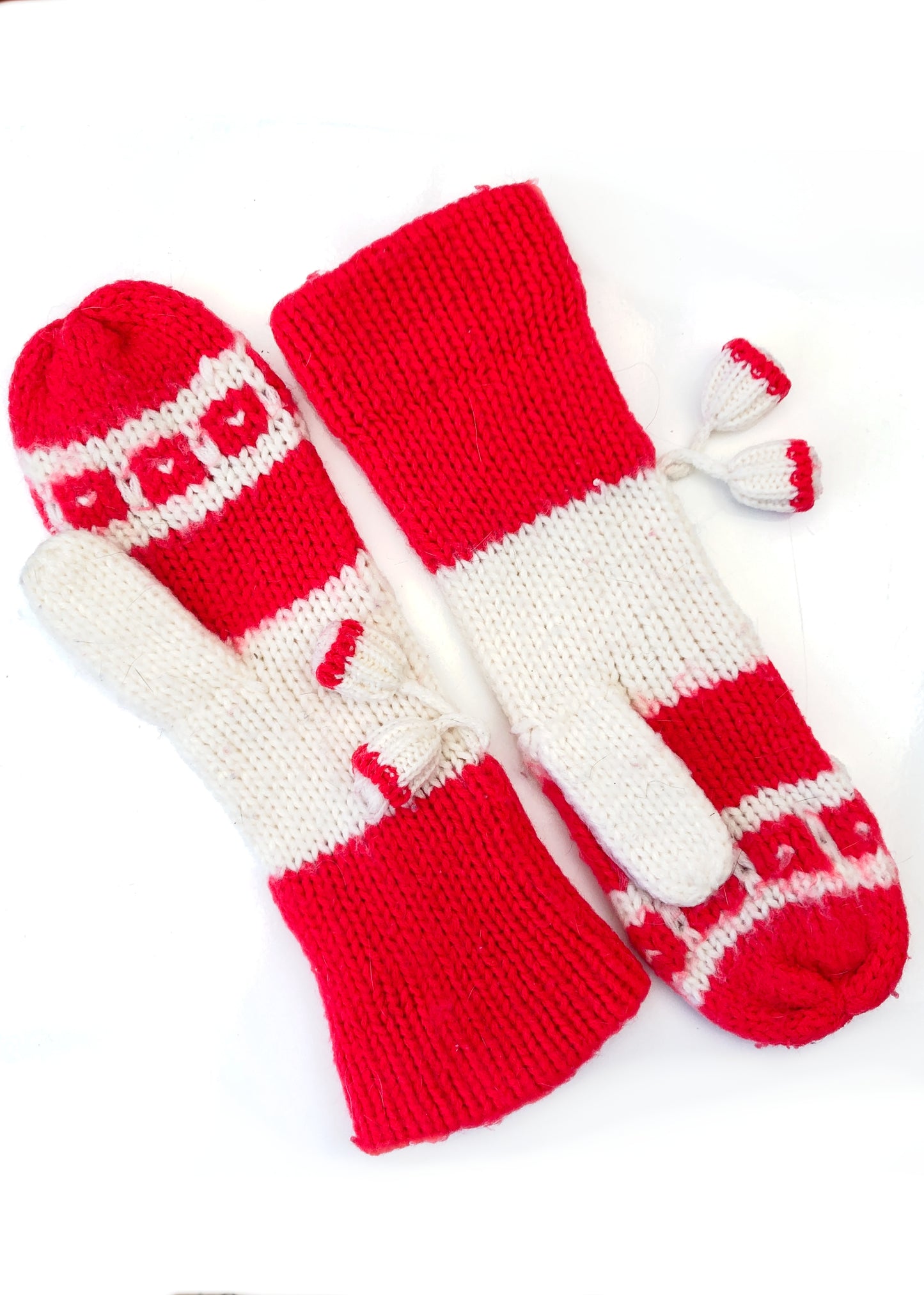 Vintage 60s Red & White Winter Knit Mittens Gloves • Hand Knitted