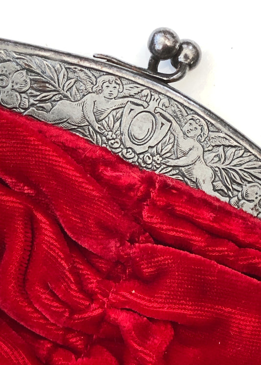 Vintage Red Velvet Evening Bag Engraved Metal Frame • Coffin Pleats