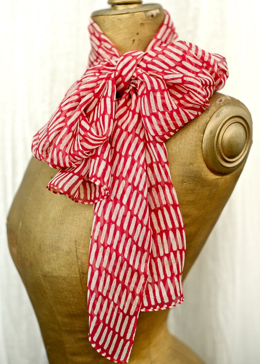 long sheer silk chiffon scarf in red and white pattern