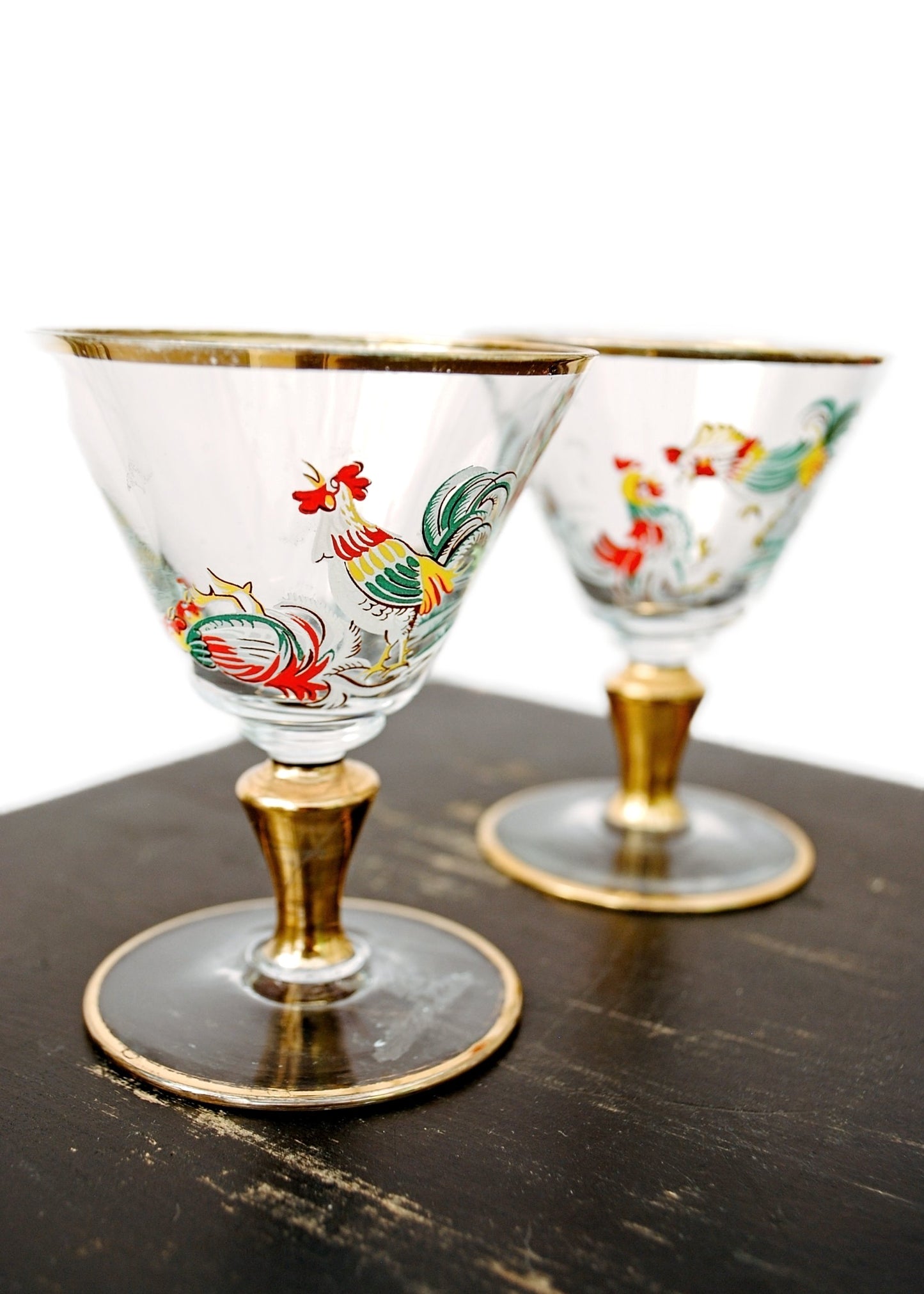 Vintage Art Deco Painted Cockerel Rooster Cocktail Glasses