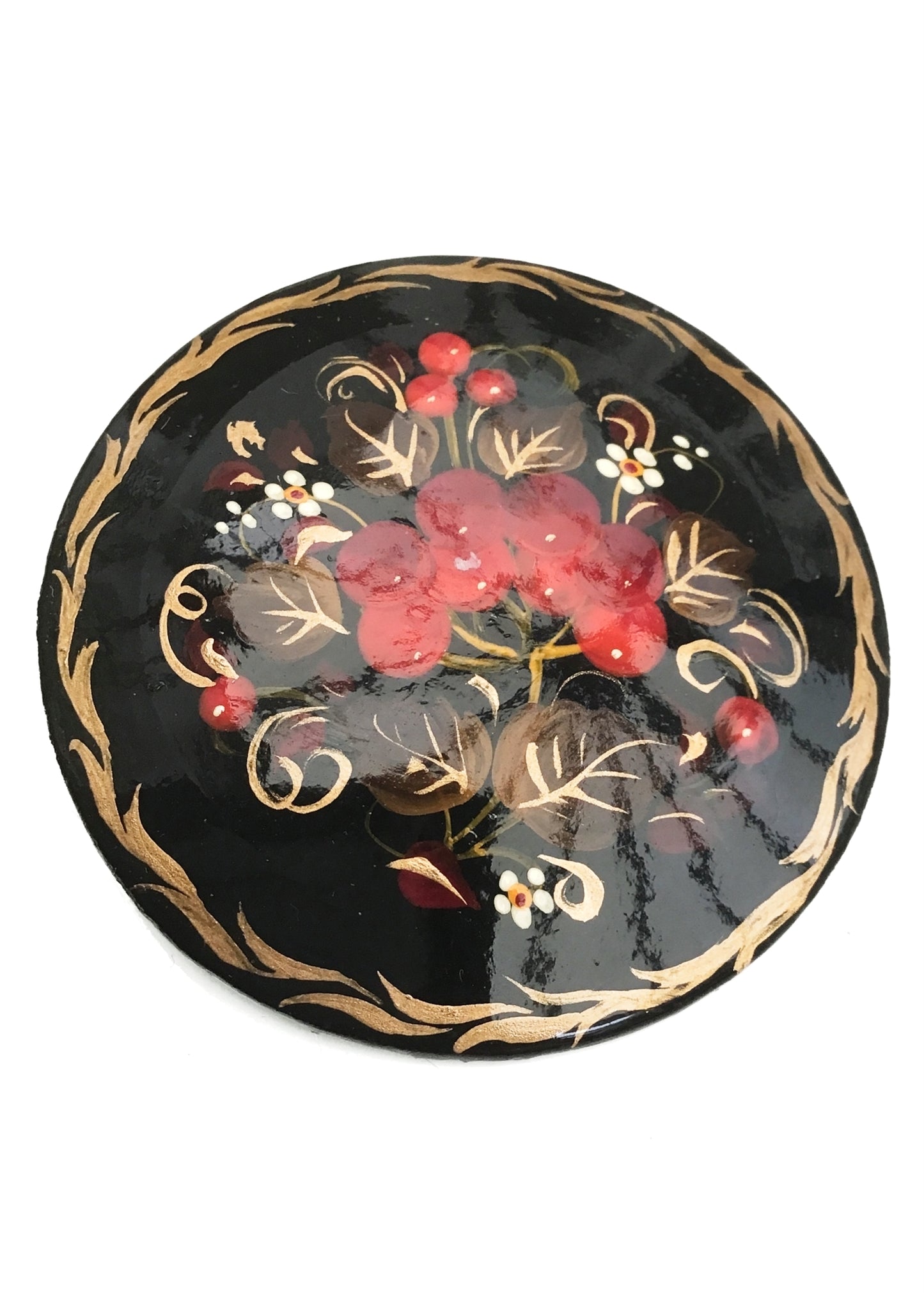 Hand Painted Red Berries Black Russian Laquer Brooch Pin