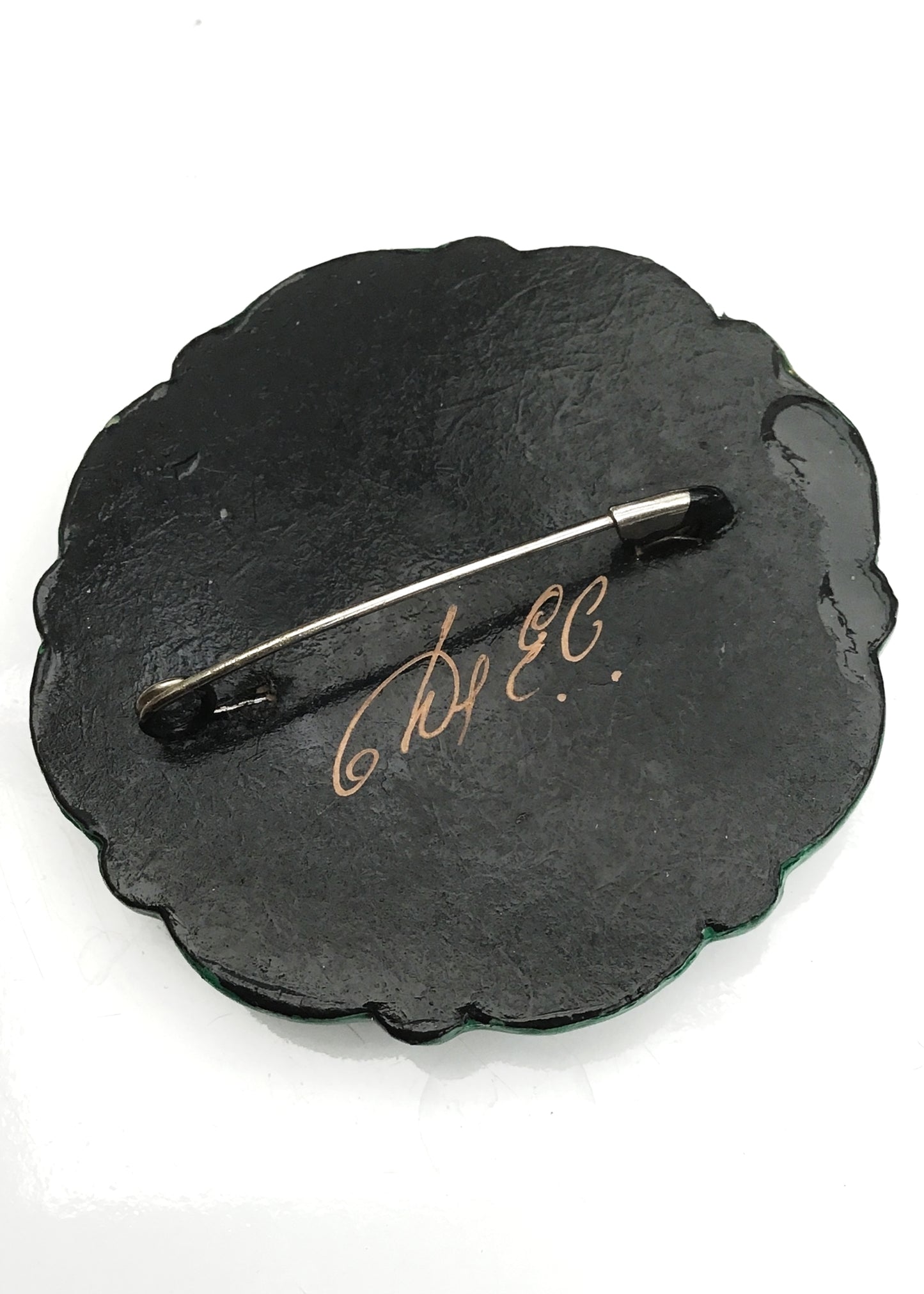 Hand Painted Green Floral Russian Laquer Brooch Pin