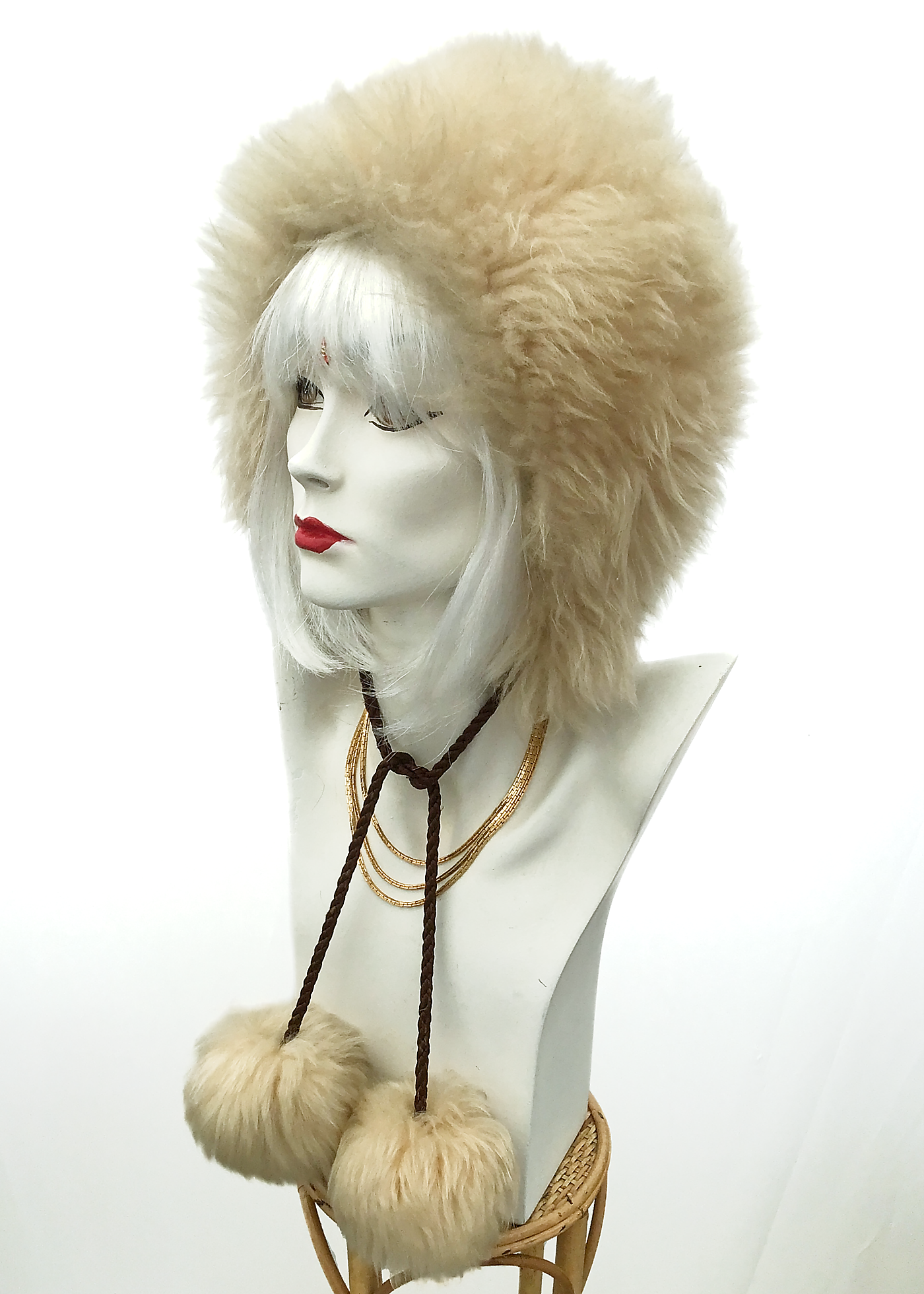 Vintage 1960s Sheepskin Pom Pom Tie Hat • Snow Bunny Go Go Hood Hat