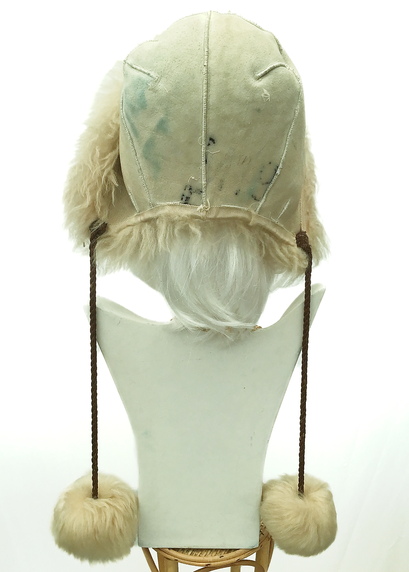 Vintage 1960s Sheepskin Pom Pom Tie Hat • Snow Bunny Go Go Hood Hat