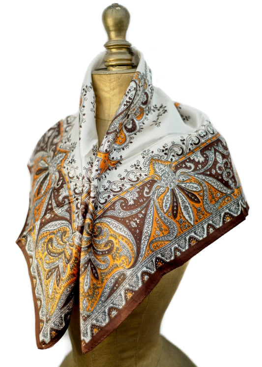 vintage silky head scarf, brown orange and white pattern