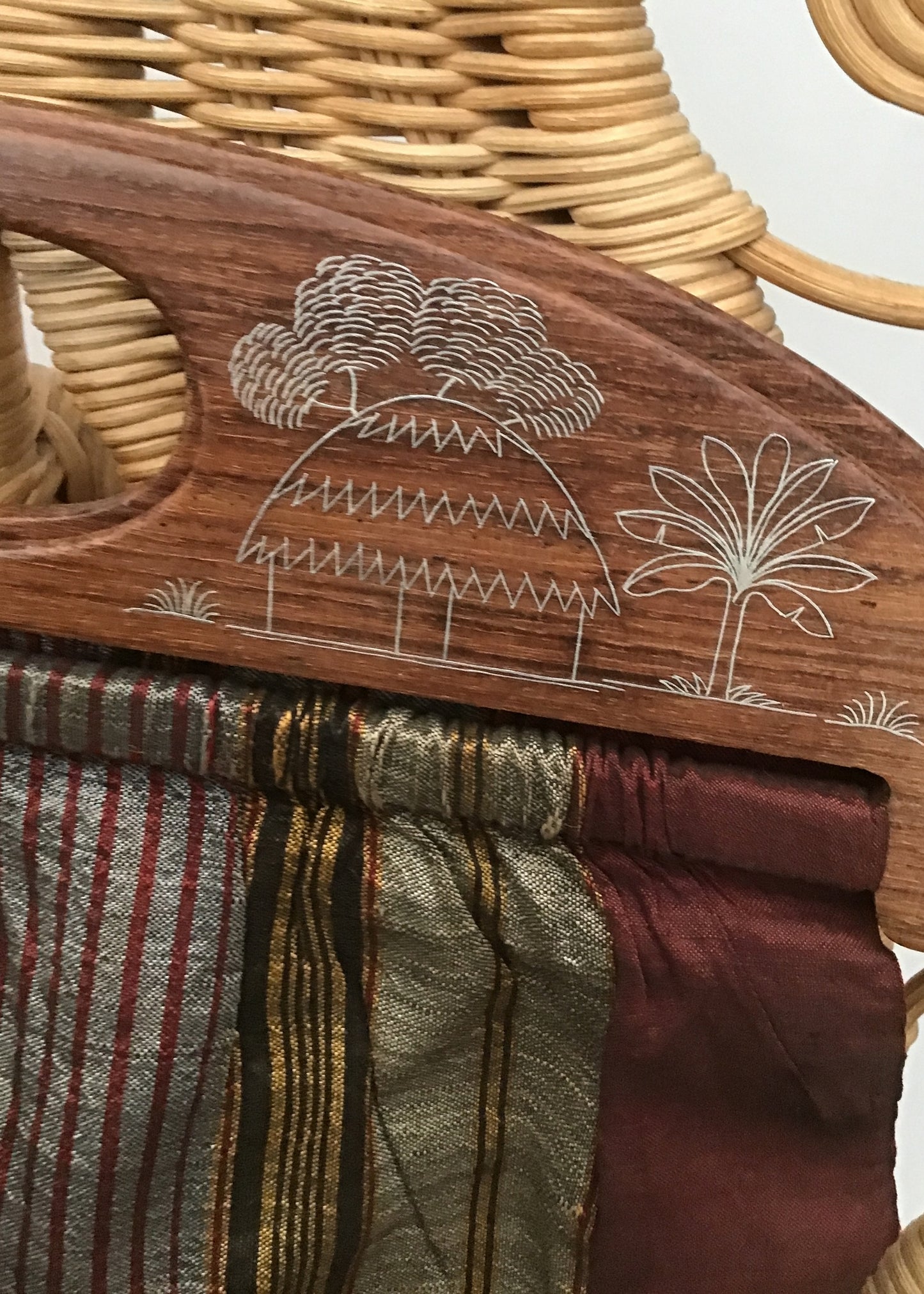 Vintage 40s Silk Knitting Bag Yarn Bag • Wood & Silver Inlay Handles