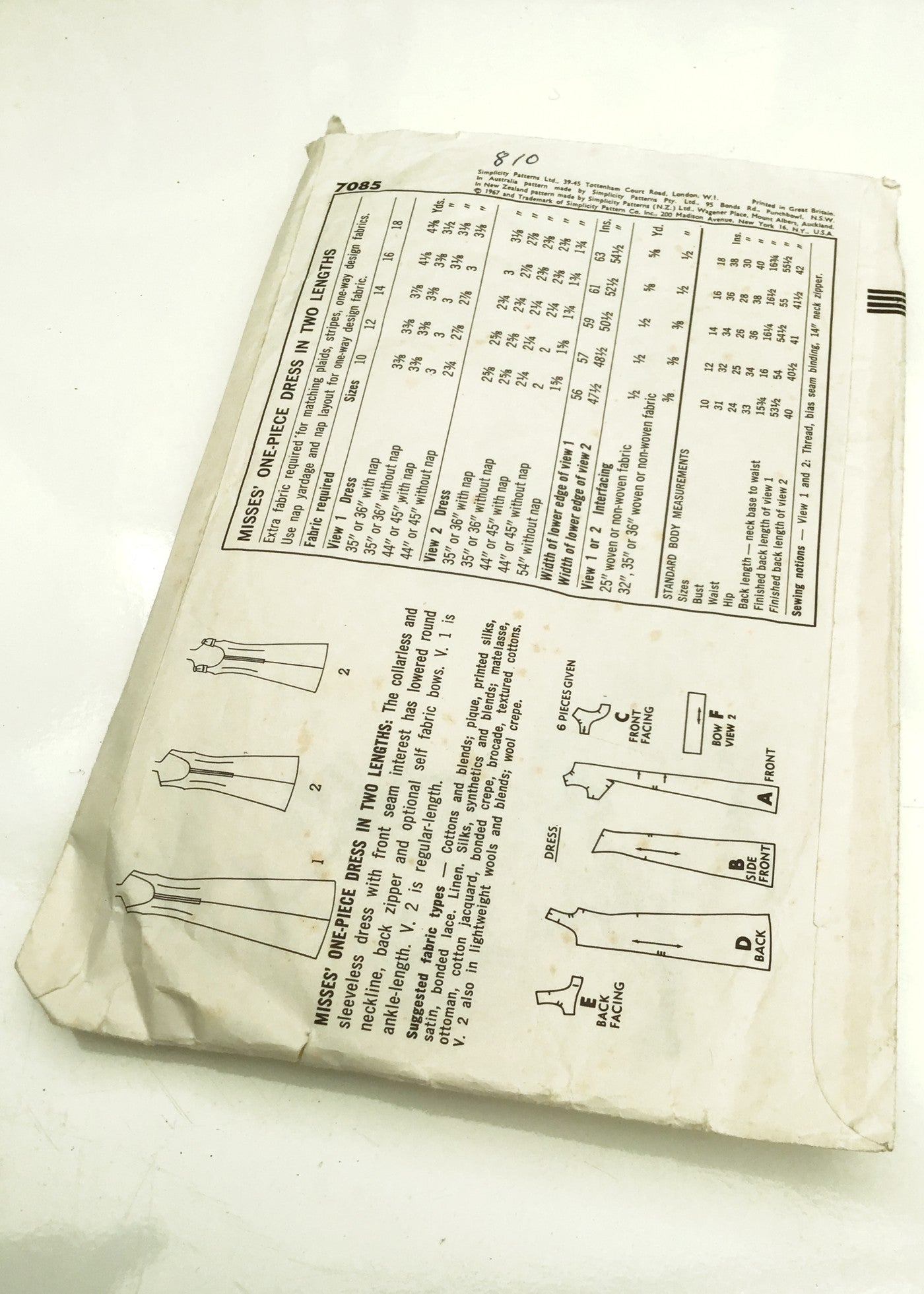 1960s Vintage Simplicity #7085 Dressmaking Pattern • One-Piece Dress