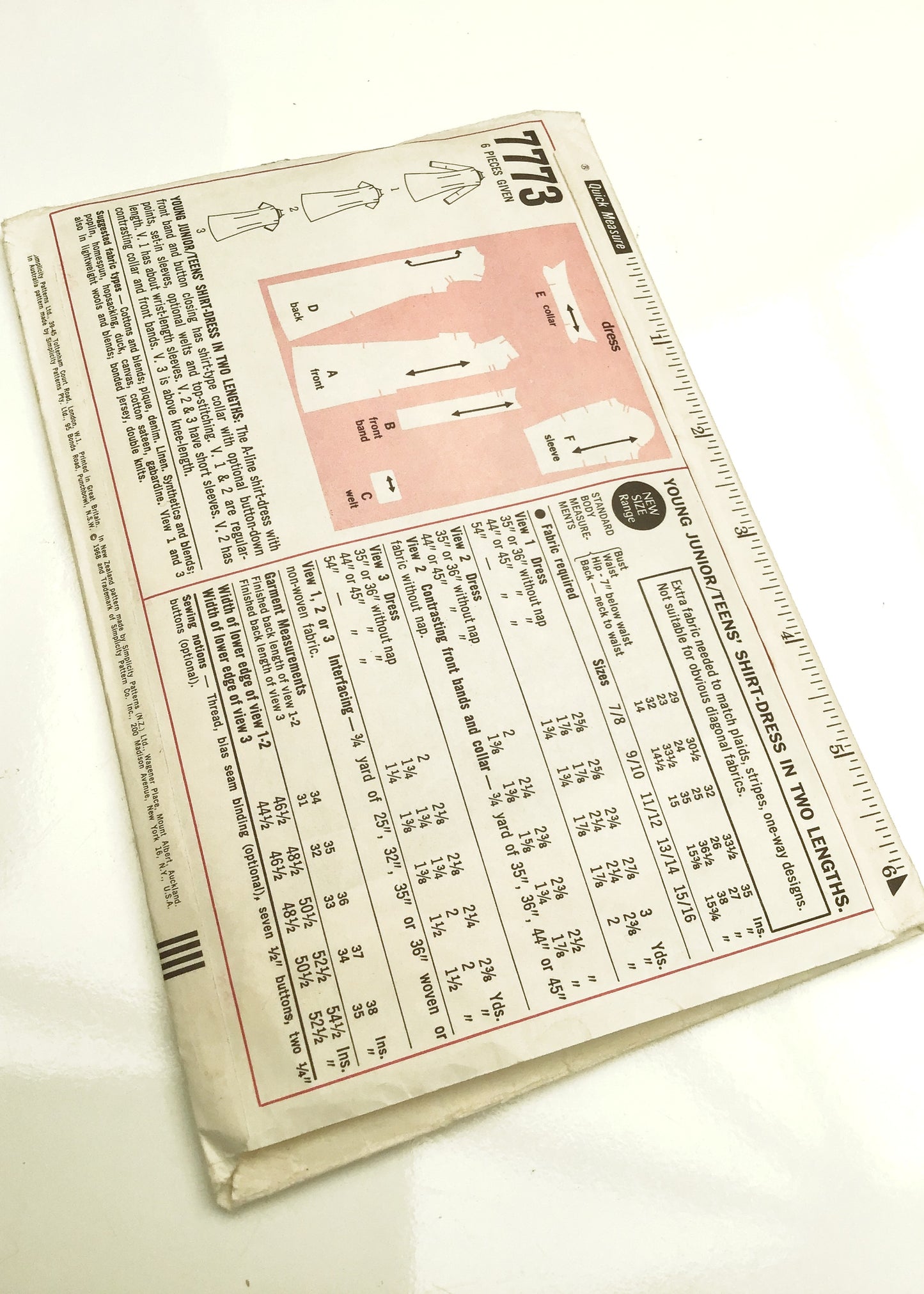 1960s Vintage Simplicity #7773 Dressmaking Pattern • Jr Teen Shirt Dress 33.5"