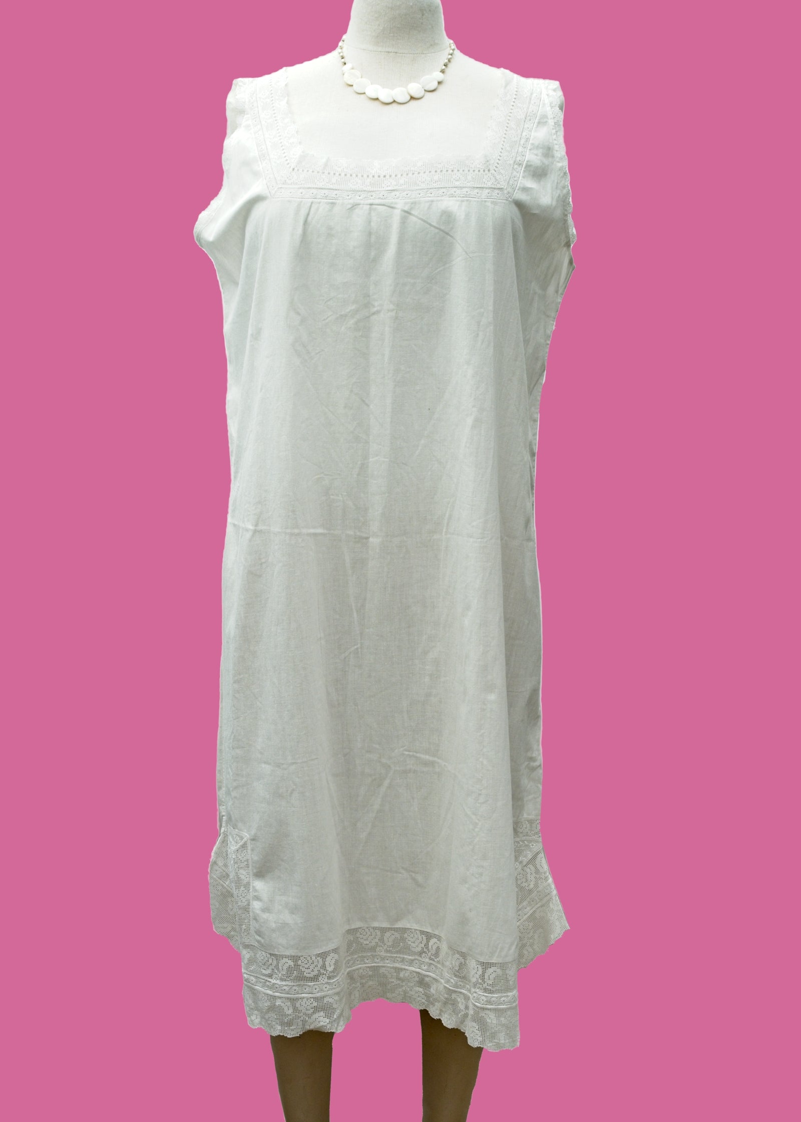 Antique Edwardian Sleeveless White Nightgown Lace Trim Top Notch Vintage