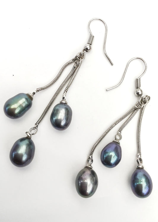Tahitian Black Pearl Triple Dangle Earrings • Hooks
