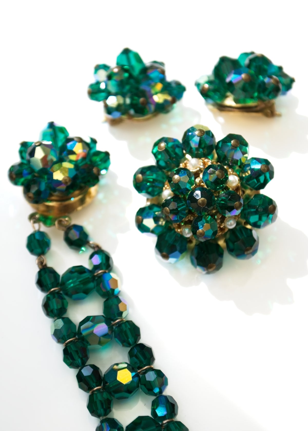 Vintage AB Crystal Peacock Green Parure Set • Brooch Earrings Bracelet