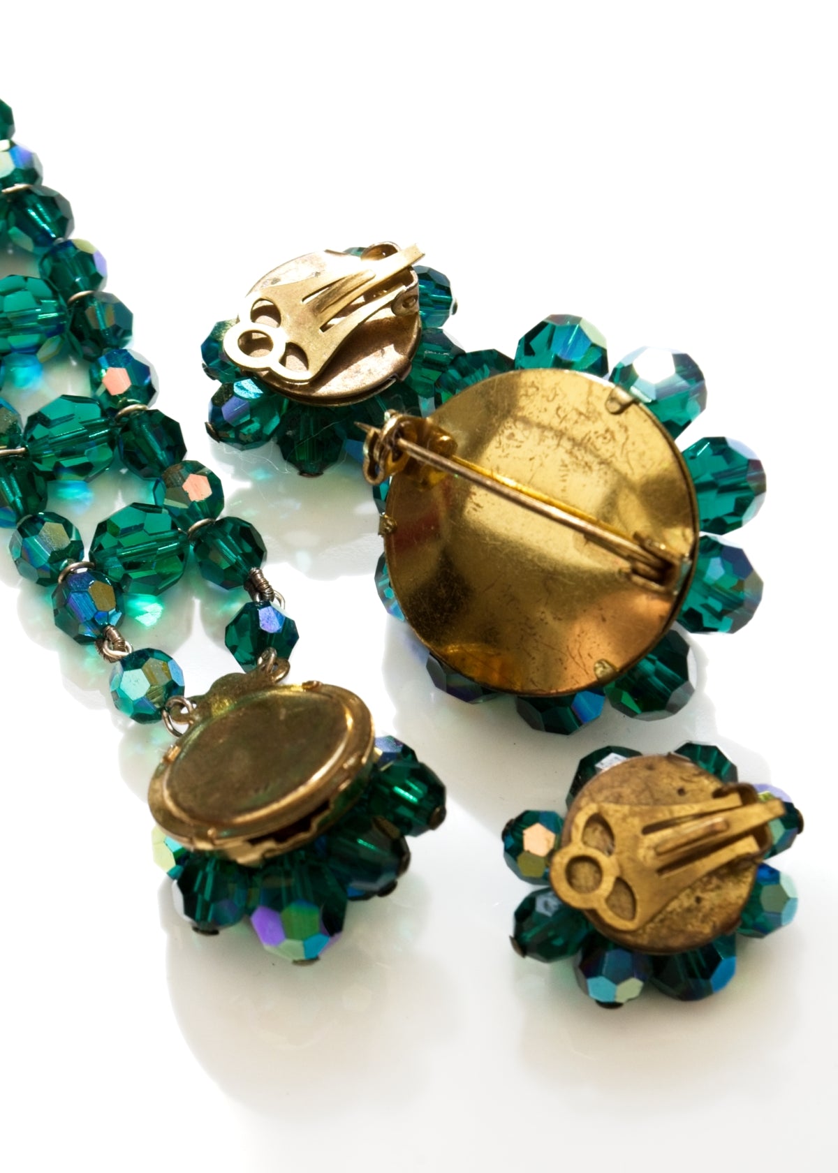 Vintage AB Crystal Peacock Green Parure Set • Brooch Earrings Bracelet