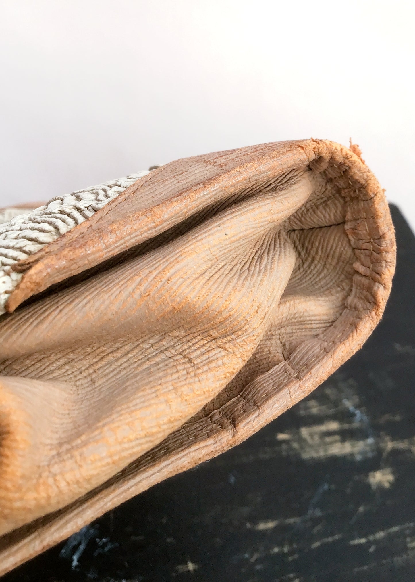 1940s Vintage Textured Leather Clutch Purse with Engraved Gold Frame Corners