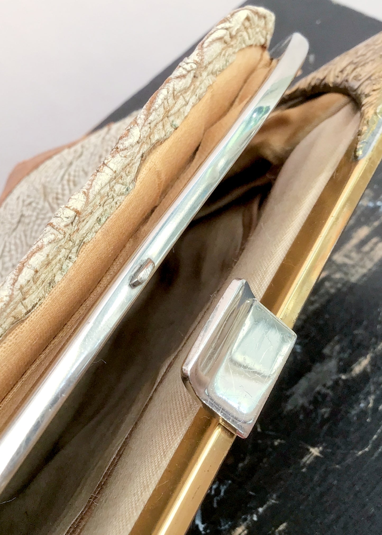 1940s Vintage Textured Leather Clutch Purse with Engraved Gold Frame Corners