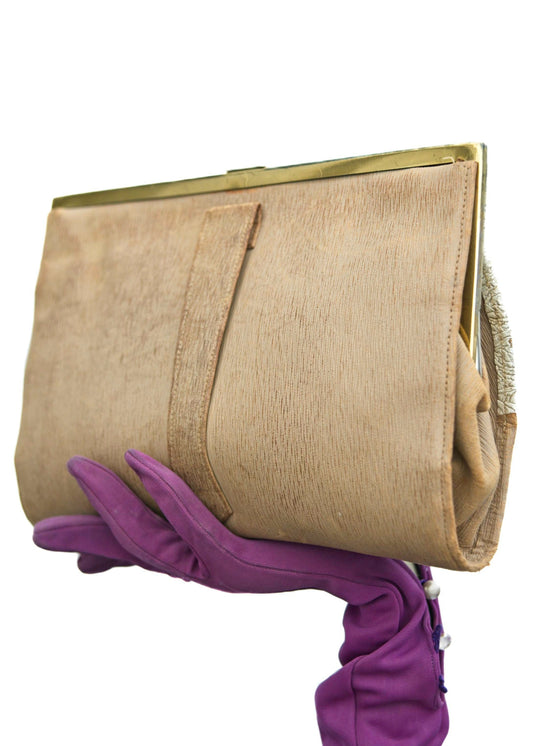1940s Vintage Textured Leather Clutch Purse with Engraved Gold Frame Corners